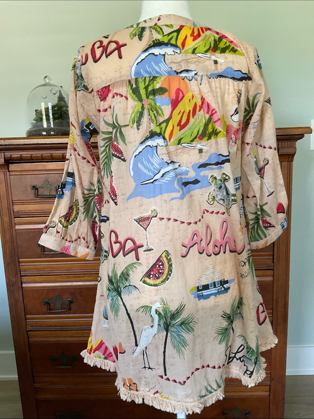 NWT True Destinations Cotton Fringed Tassel Neck Tropical Swim Cover Up Size S - Picture 9 of 14